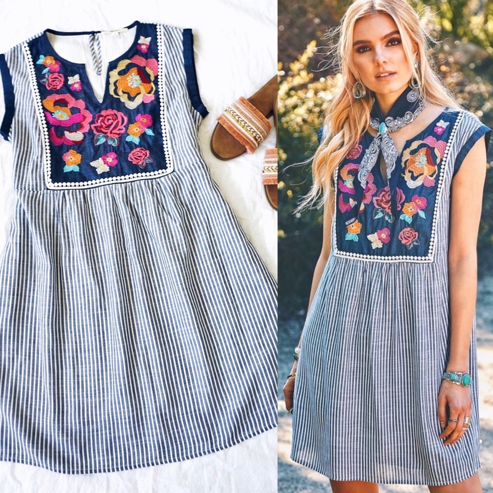 Casual Floral Comfortable Stripe Dress Blue - Picture 2 of 8